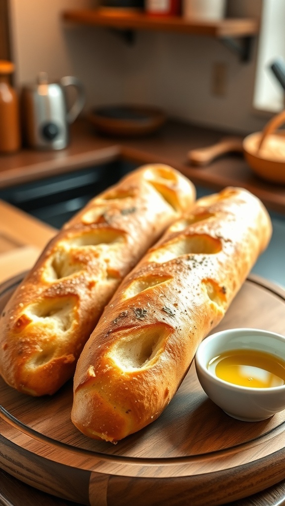 Two crispy air fryer French baguettes on a wooden board with a bowl of olive oil.